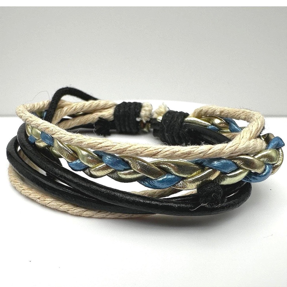 Vintage Braided Cord Faux Leather Layered Wrap Bracelet Black Blue Boho Surf Y2K